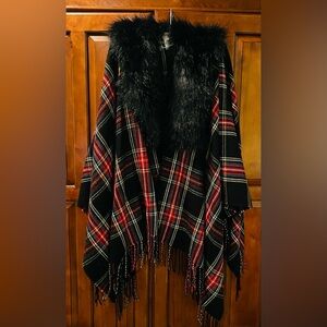 JCrew Plaid Shawl w/Fringe Detail & Faux Fur Collar